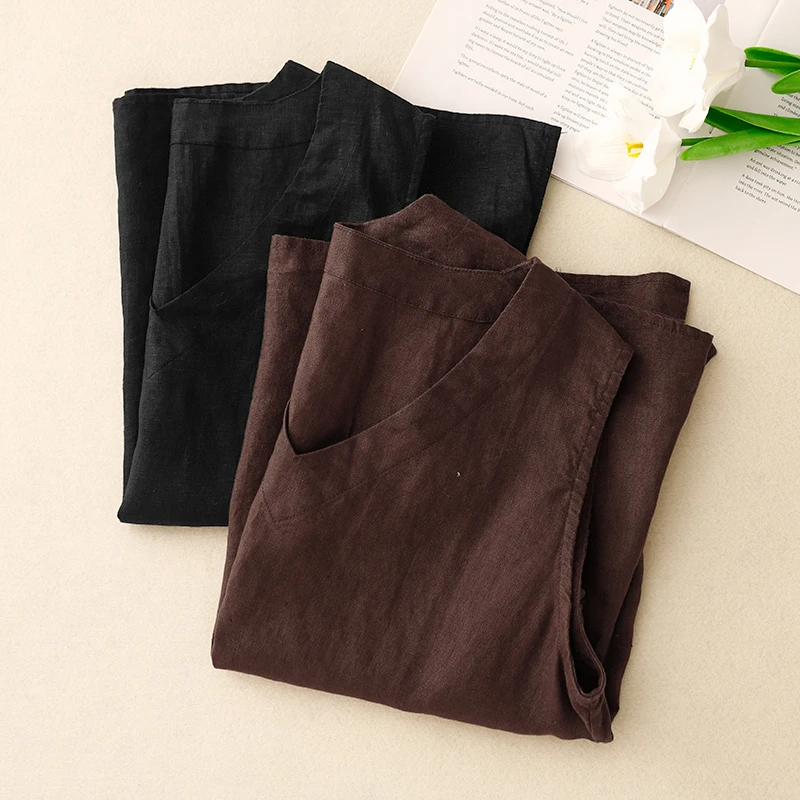 Loose Fit Kwaliteit Katoen Linnen V-Ne Vest Koffie Dunne ort Top Nieuwe Sle Artistieke Veelzijdige Straight Cut Zomer T-shirt