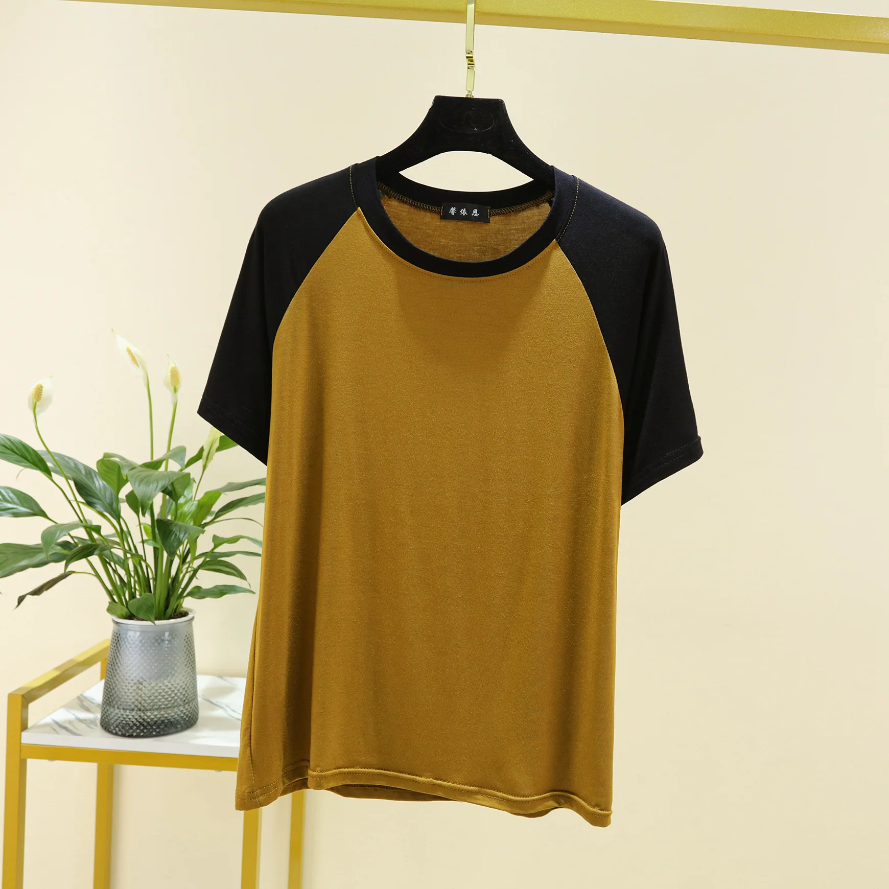 Women Modal raglan sleeve Tshirt O-Neck Contrast Color Casual Loose tee tops 2 color spliced T-shirt streetwear base shirt