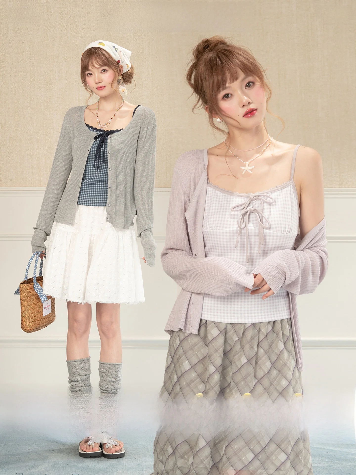 

Новый фиолетовый комплект: кардиган с кружевной отделкой и длинными рукавами, топ в клетку с завязками – женский летний образ для путешествий в нежном стиле