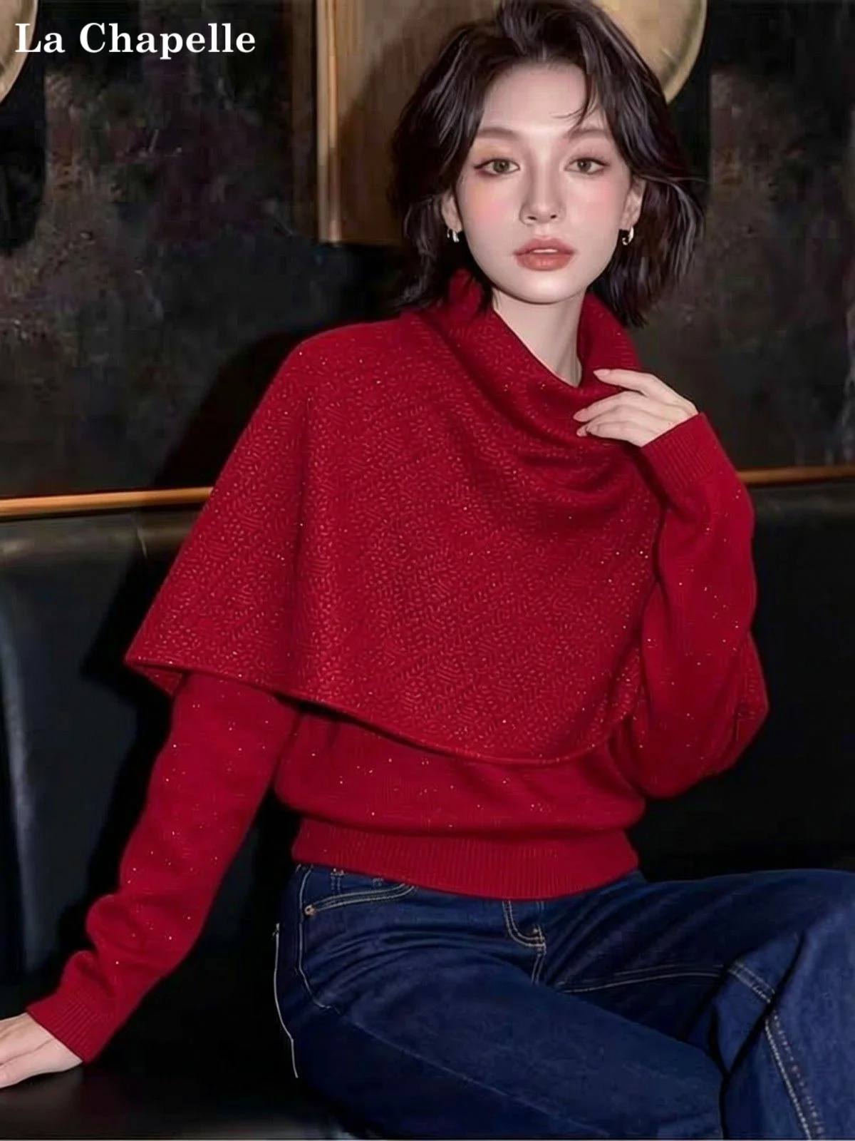 

La Chapelle Women's Red Knitted Sweater round Ne Scarf oulder awl Spring Autumn Winter Faionable Warm Camere Top