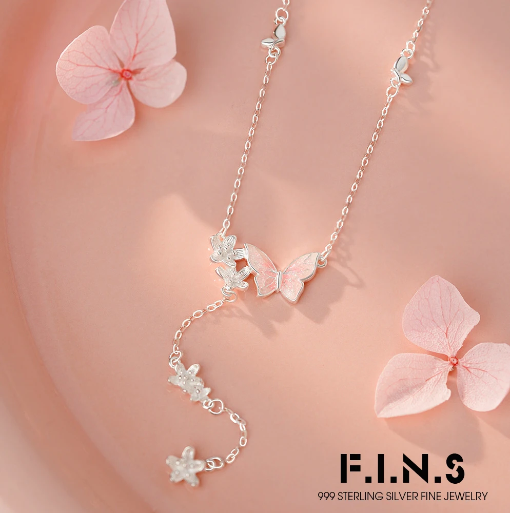 

F.I.N.S S999 Sterling Silver Drip Glue Butterfly Flower Necklace Fresh Elegant Thin Clavicle Chain Pendants Fine Jewelry Gifts