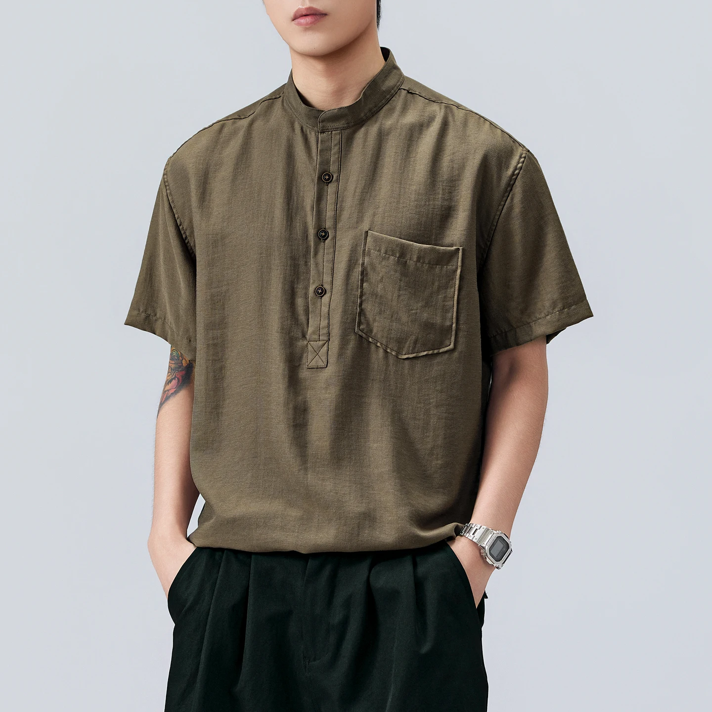 

Mens Breathable Polo Shirts T Shirt Pocket Design Simple Short Sleeve Tee Plain Casual Linen Texture Summer Wear