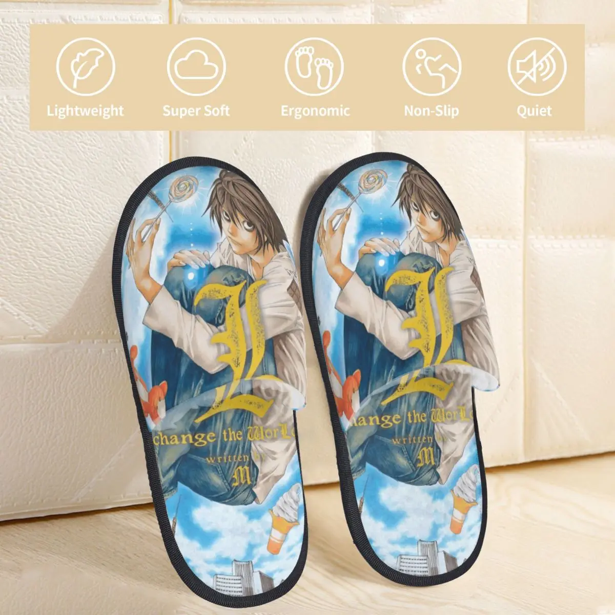Change The World Death Note House Slippers Anti-skid Anime Manga L Lawliet Soft Household Fur Slippers Slides Living Room
