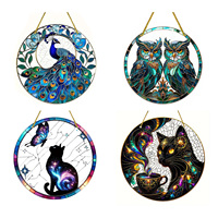 Double-Sided Colorful Painted Hanging Decoration for Home Window Pendant, 20 x 20cm, Beautiful Peacock Cat Owl Hanging Ornament