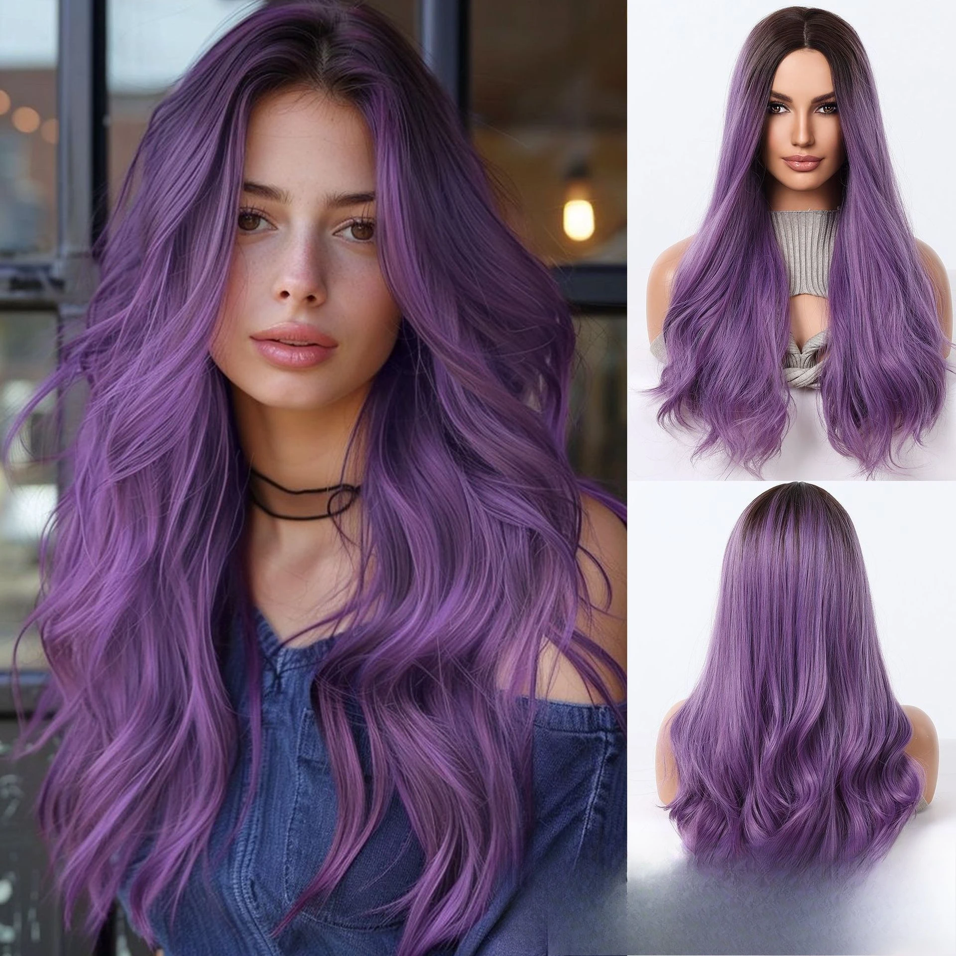 

European and American fashion women's wig purple gradual change wig full head cover chemical fiber high temperature silk synthet