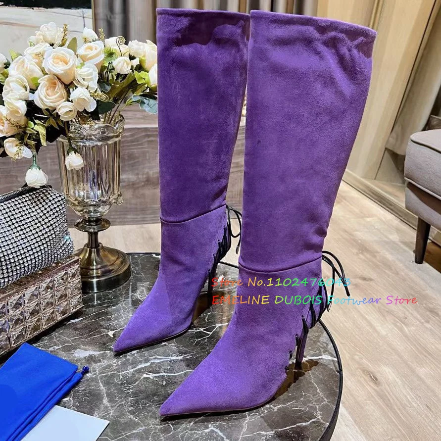 

Luxurious 2024 Tassel Genuine Leather Pointed Toe Knee High Boots Women Cow Suede lacing Slip On Stiletto Party Dress Boots