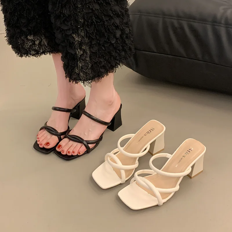 

New Summer Luxury Fashion Versatile Women's Slippers Wear Outside Womens High Heels Retro Sandals Thick Heel Female Pumps