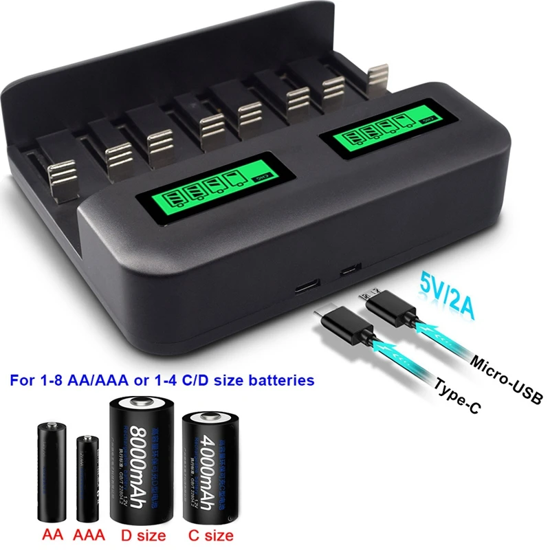 8 Slots Lcd Display USB Smart Battery Charger For AAA AA Sc C D Size Rechargeable Battery 1.2V Ni-Mh Ni-Cd Quick Charger