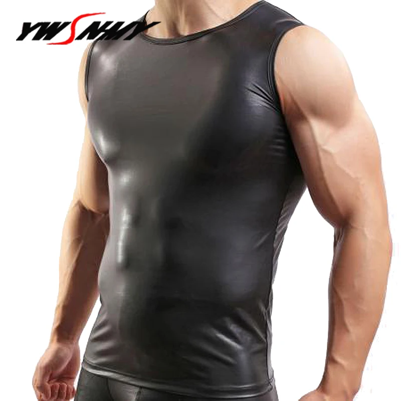Men Sexy PU Leather Vests Men GYM Bodybuilding Tank Top O-Neck Sleeveless Tight Top Muscle Guys Fitness Undershirts Boxer sets
