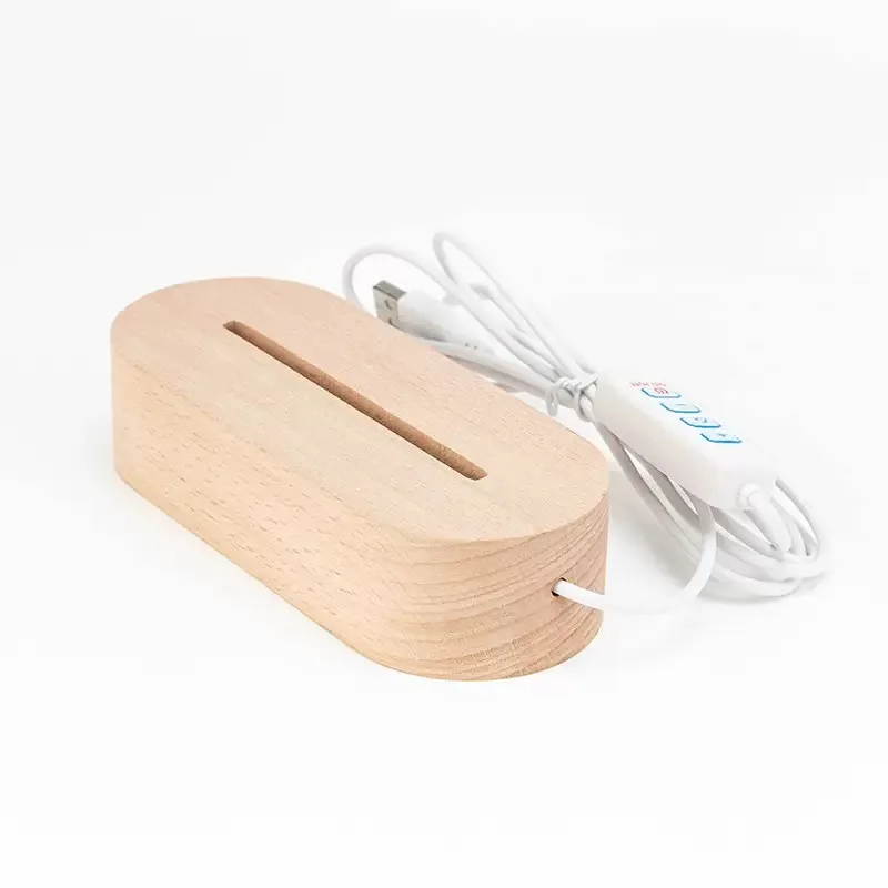 Dimmable Tri-Color Oval LED Wooden Display Stand Powered by USB for Acrylic Night Light
