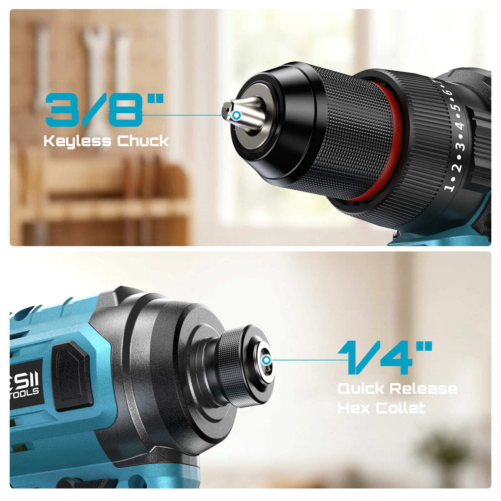 SEESII 3/8'' Drill & 1/4'' Impact Driver 21V Cordless Electric Brushless Drill Impact Wrench Variable Speed Screwdriver with 2x4.0Ah Batteries LED Light