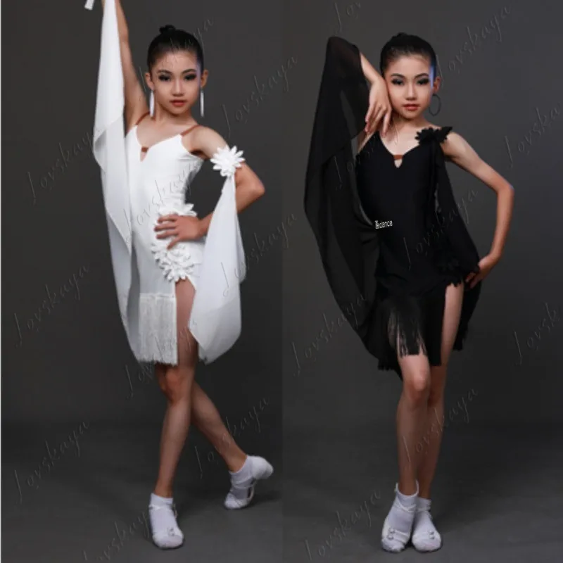 

Платье с цветочным узором для латинских танцев, танцевальный костюм, детский топ с лямкой на шее, костюм для латинских танцев, высококачественная широкая юбка с бахромой