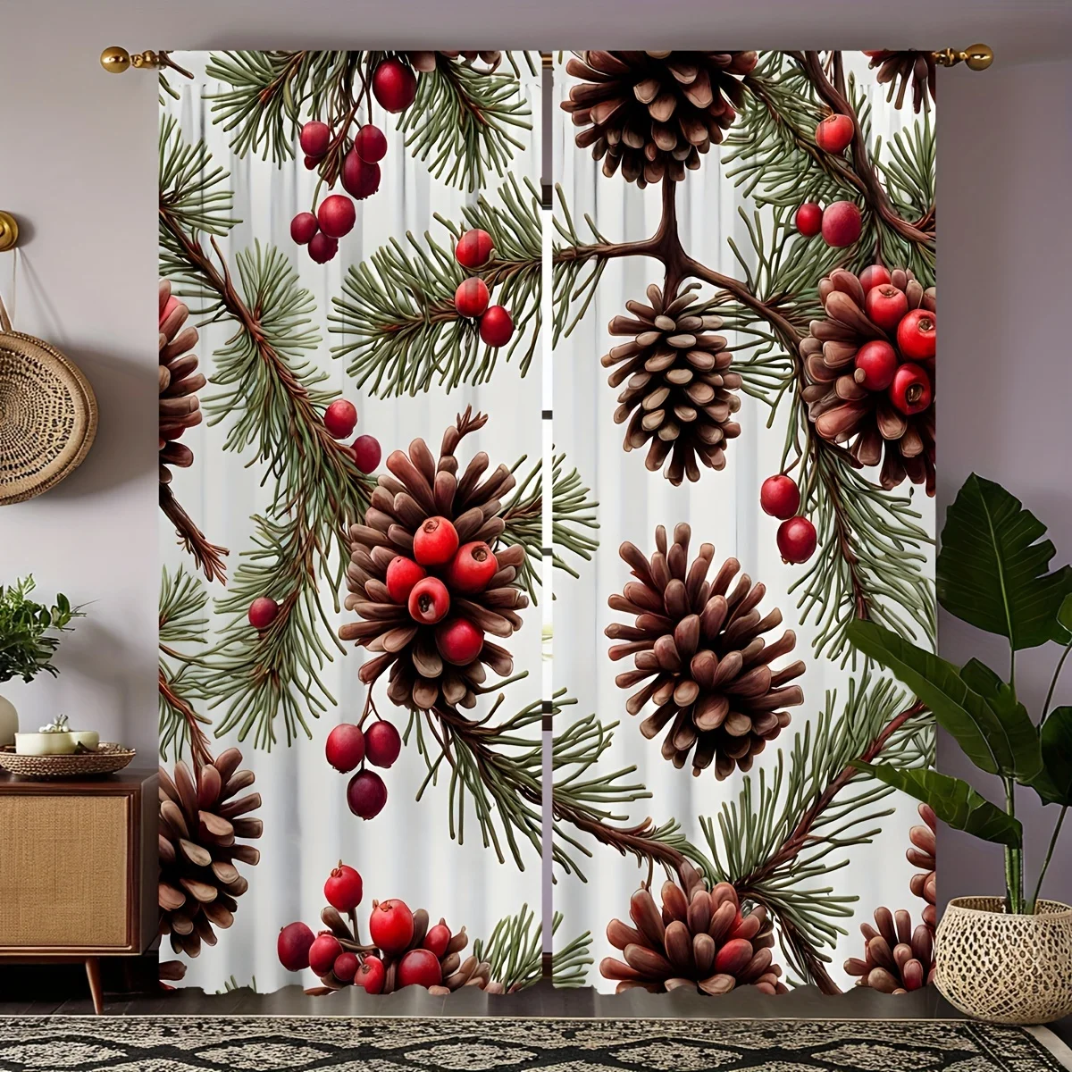 Festive Christmas Pinecones and Berries Curtain Set: 2pcs, 20.47 x 51.97inch, Contemporary Style, Machine Washable, Printed, Sem