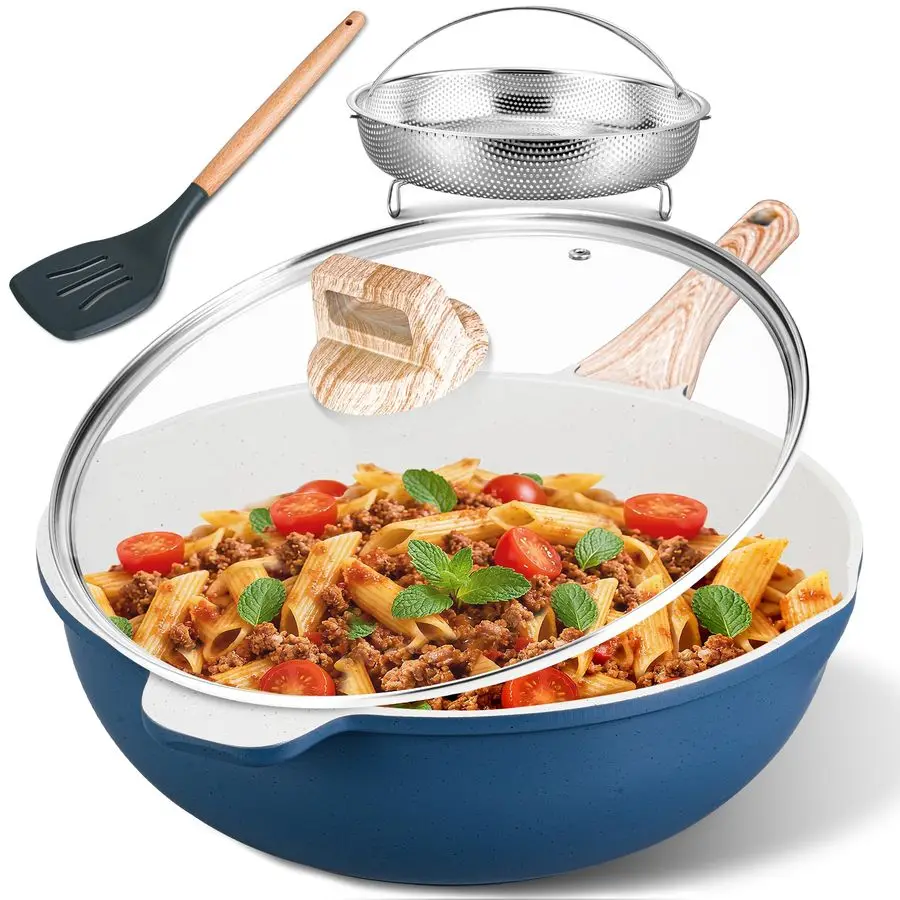 

11 Inch Nonstick Ceramic Deep Frying Pan Skille with Lid,5QT Saute Pan for Cooking with Steam Rack,Healthy Large Skillet,Stay Co