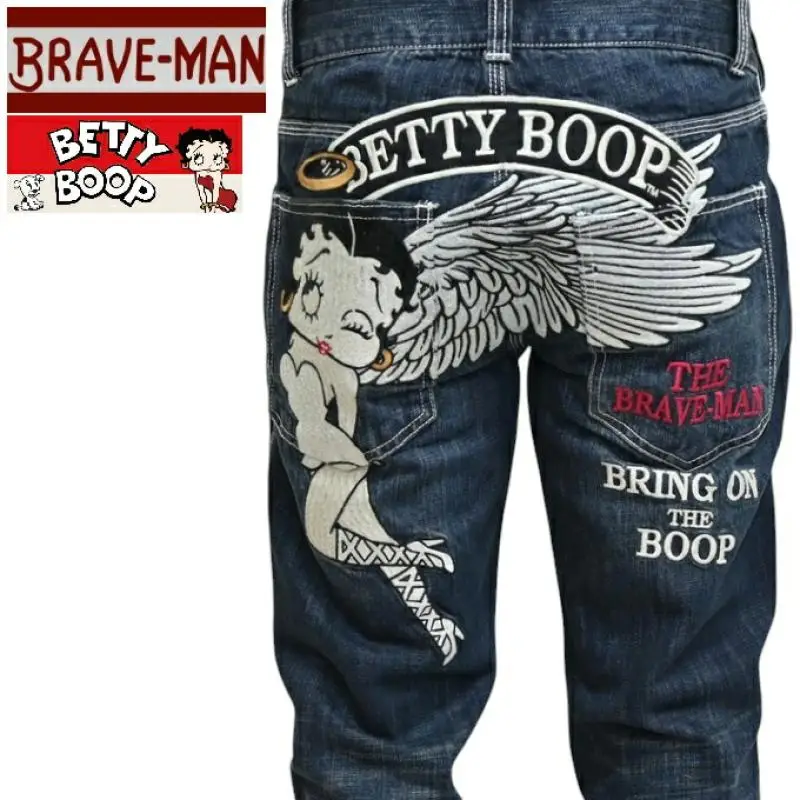 

Retro Motorcycle Betty Angel Denim Classic Heavy Embroidery Straight Leg mid Low Waist Jeans Cotton 100% Couples Casual Jeans