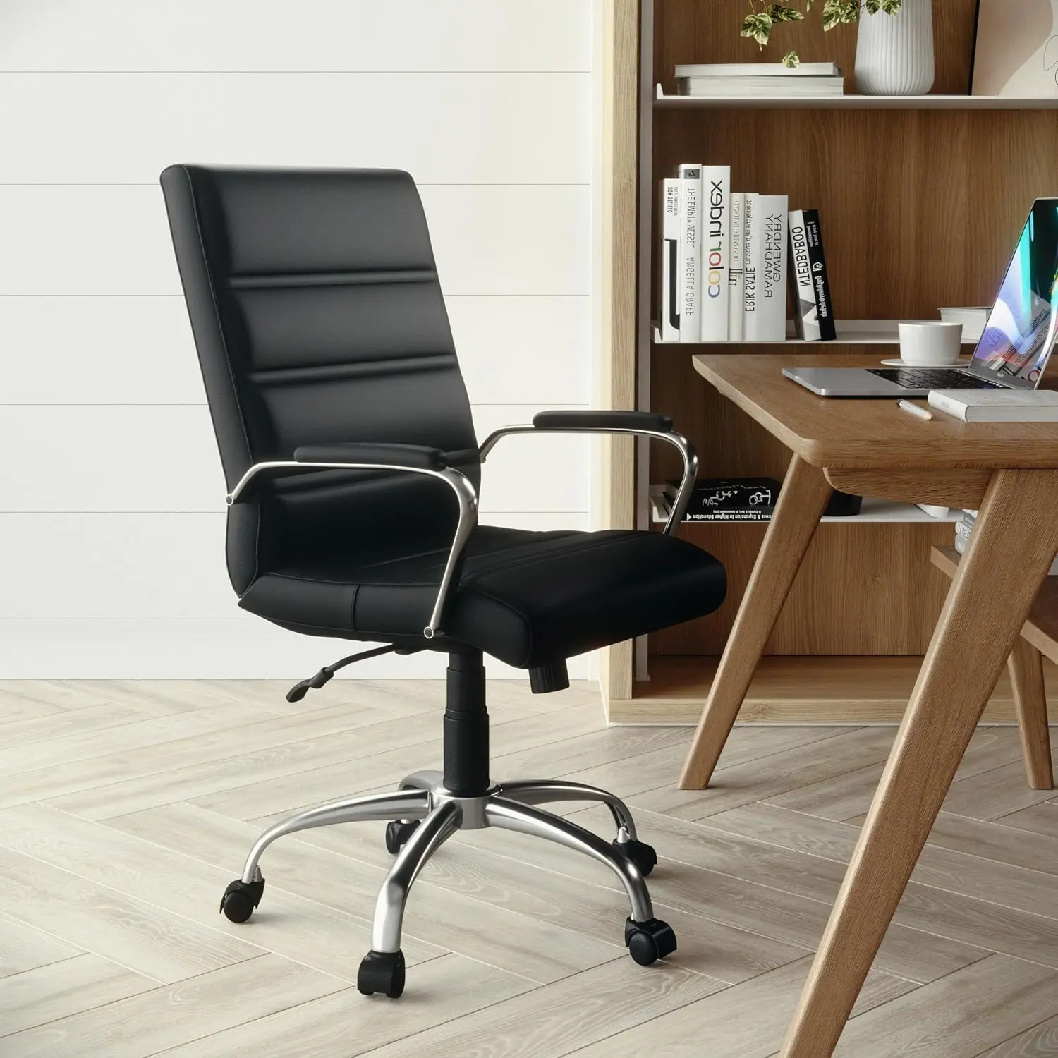 Executive Mid-Back Swivel Office Chair in Black Soft Leather with Chrome Base and Arms