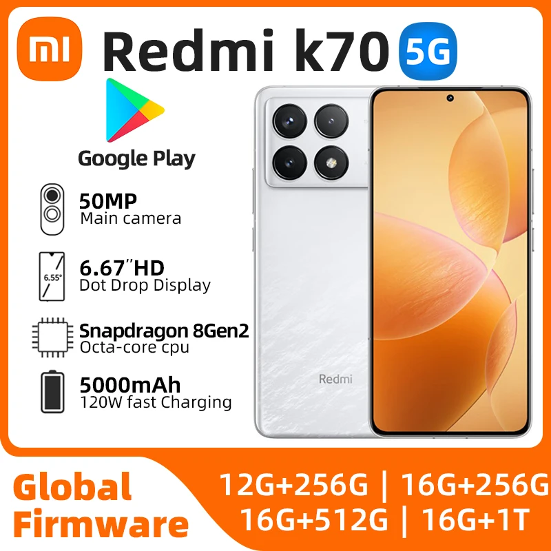 Xiaomi Redmi K70 5g Smartphone Snapdragon 8 Gen 2 2K 6.67inch 50MP 120W Charger 5000mAh Xiaomi HyperOS Original used phone