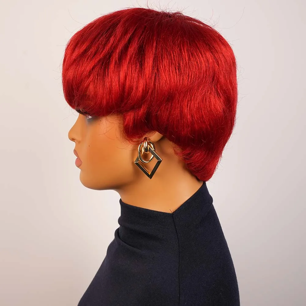 Parrucche rosse a taglio pixie a strati corti per donne nere Parrucca diritta per capelli umani Remy fatta a macchina con frangia per l'uso quotidiano