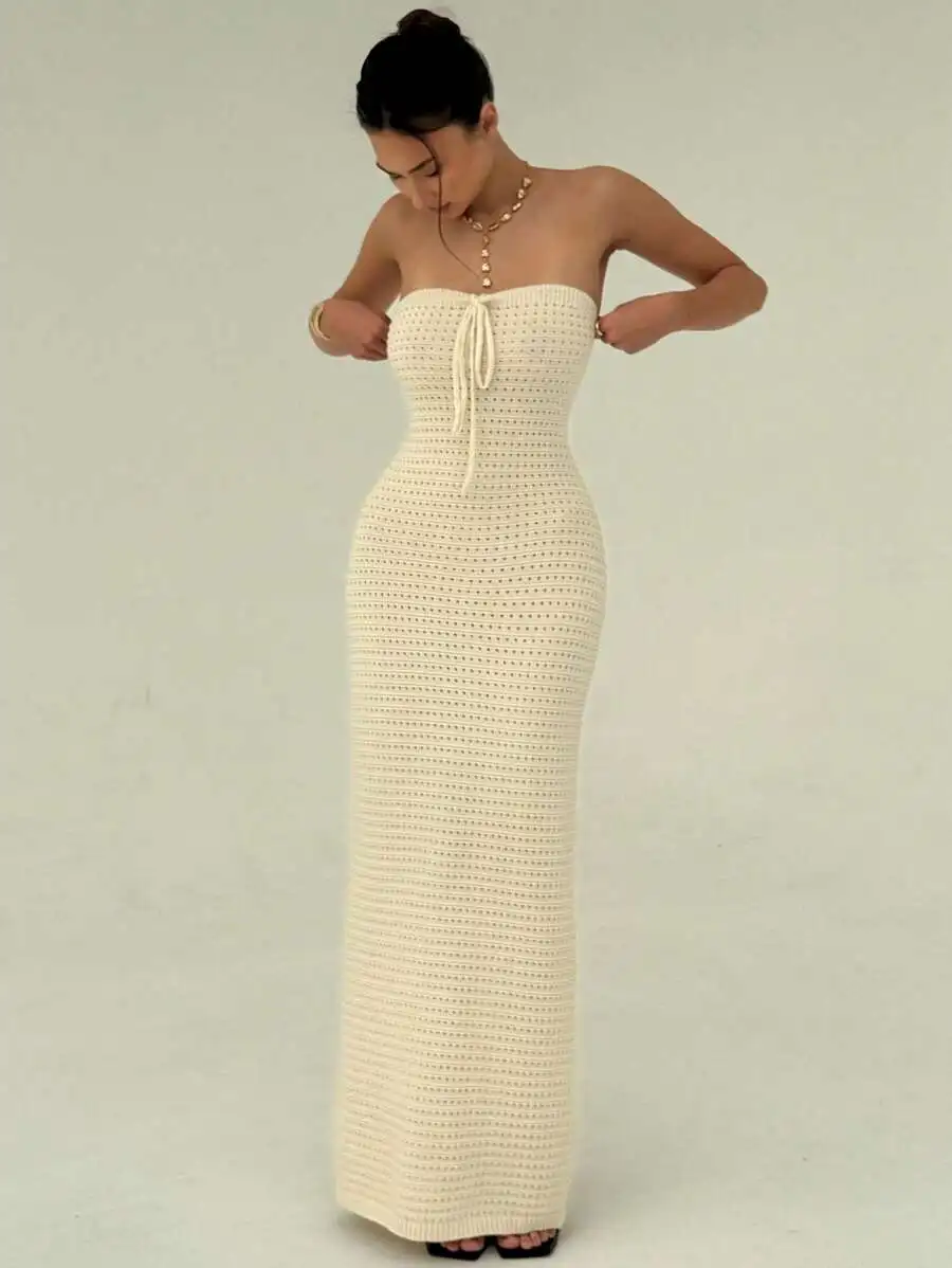

Handmade Crochet Strapless Maxi Dress with Drawstring Detail
