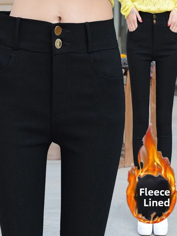 High Waist Fleece Lined Women's Leggings Slim Fit Elastic Black Pants Autumn Winter Thermal Casual Long Trousers