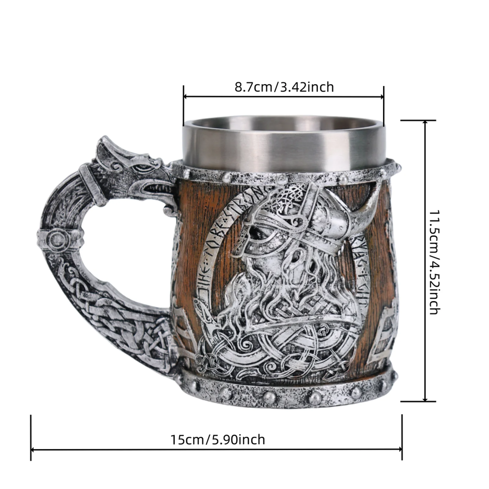 Medieval Viking Dragon Beer Mug Stainless Steel Lined Resin 450ML Large Capacity Barrel Mug Halloween Home Decoration