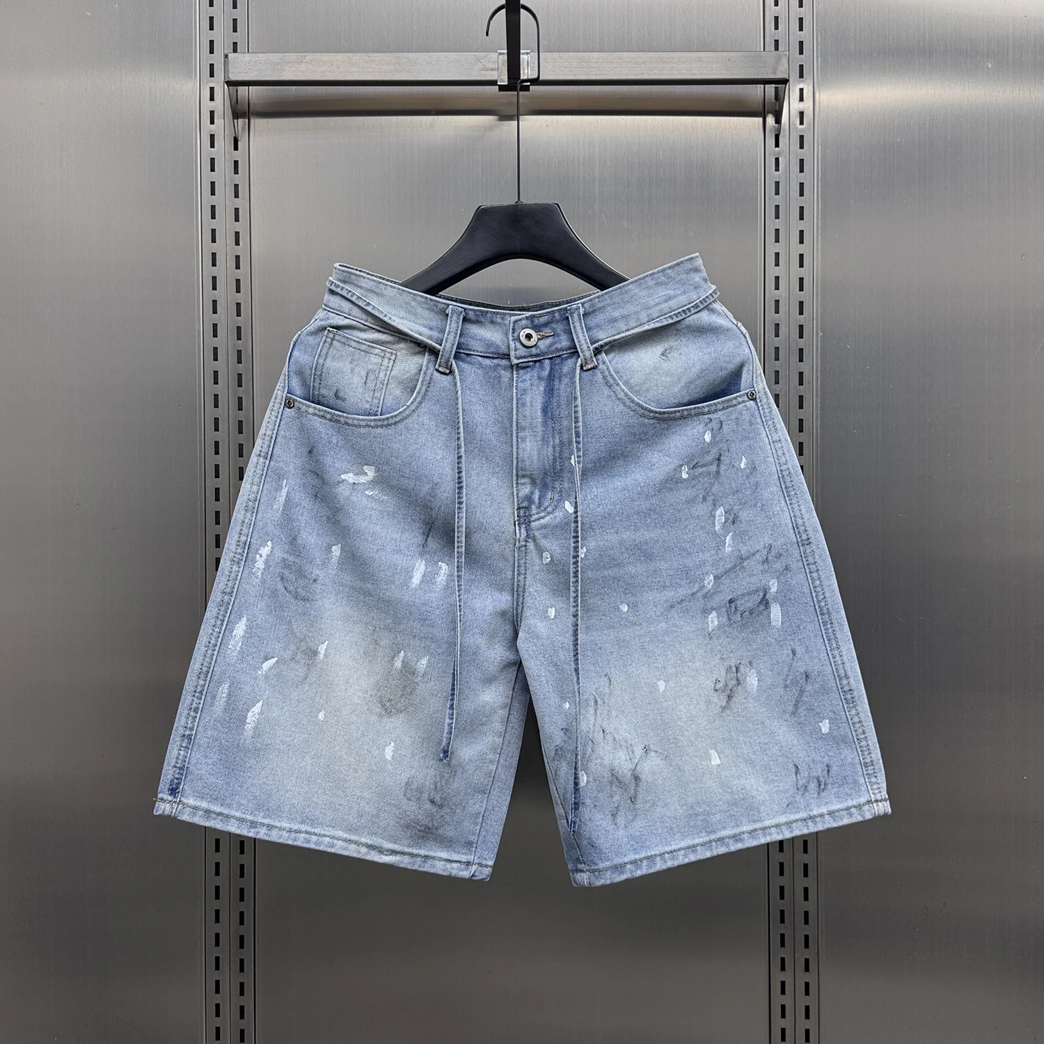 

Летние новые свободные прямые мужские шорты-карго в американском ретро-стиле с граффити, с эффектом потертости, на молнии, модные молодежные джинсовые шорты