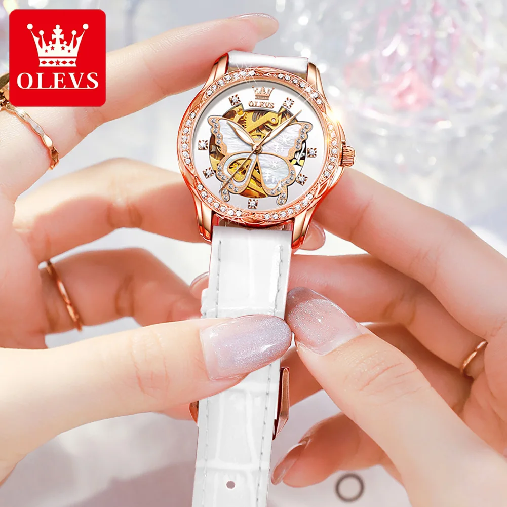 OLEVS 6622 Automatic Mechanical Watch for Women Hollow Butterfly Dial Rose Gold Diamond Bezel Luxury Elegant Ladies Wristwatches