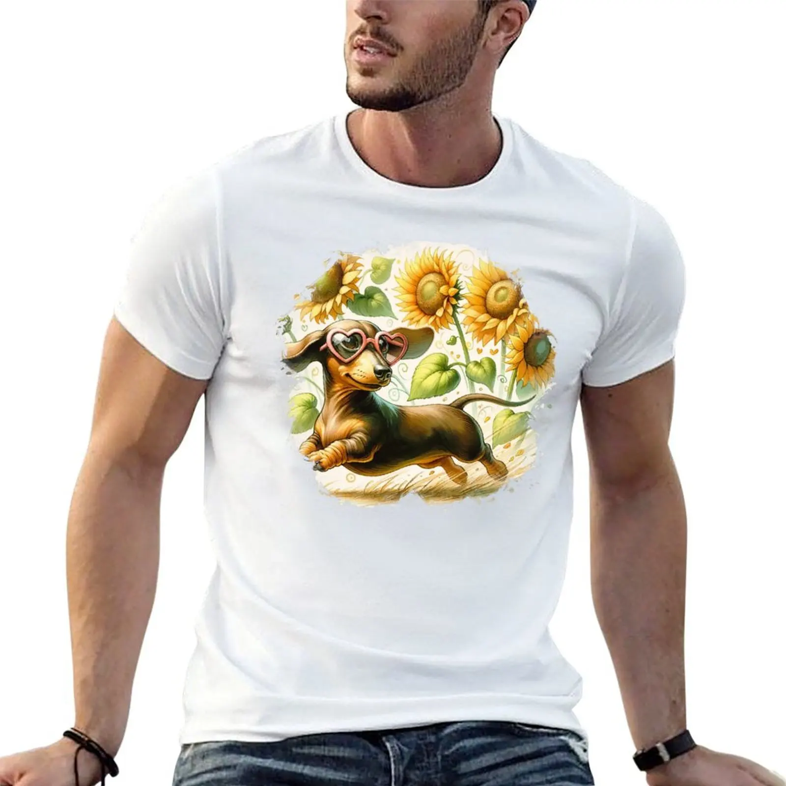 

Sunflower Dachshund T-Shirt man t shirts high quality luxury brand t shirt man cotton T-Shirt