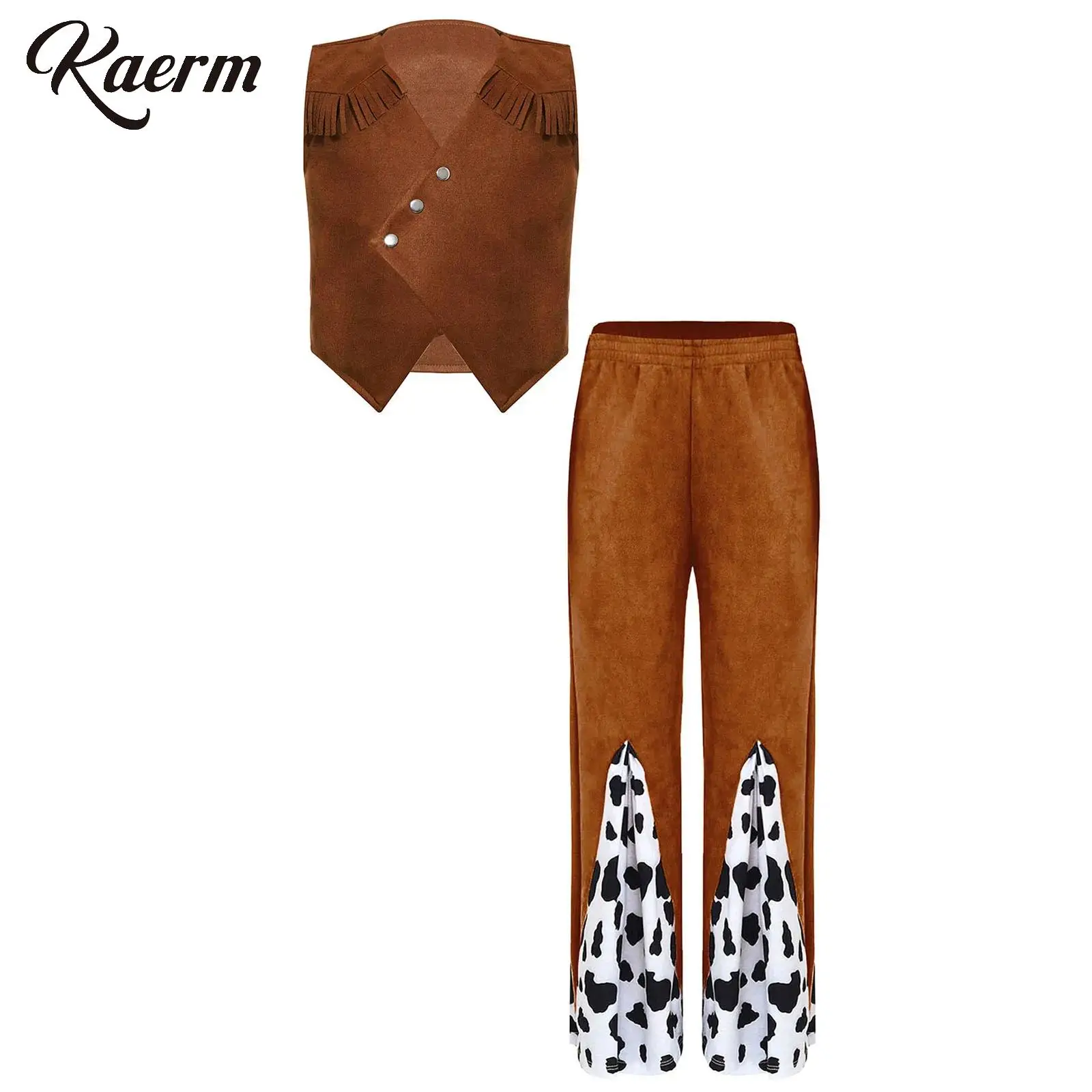 

Kid Unisex Halloween Western Cowboy Costume Pointed Fringe Button Vest And Cow Print Flared Pants Set Halloween Cosplay Costume