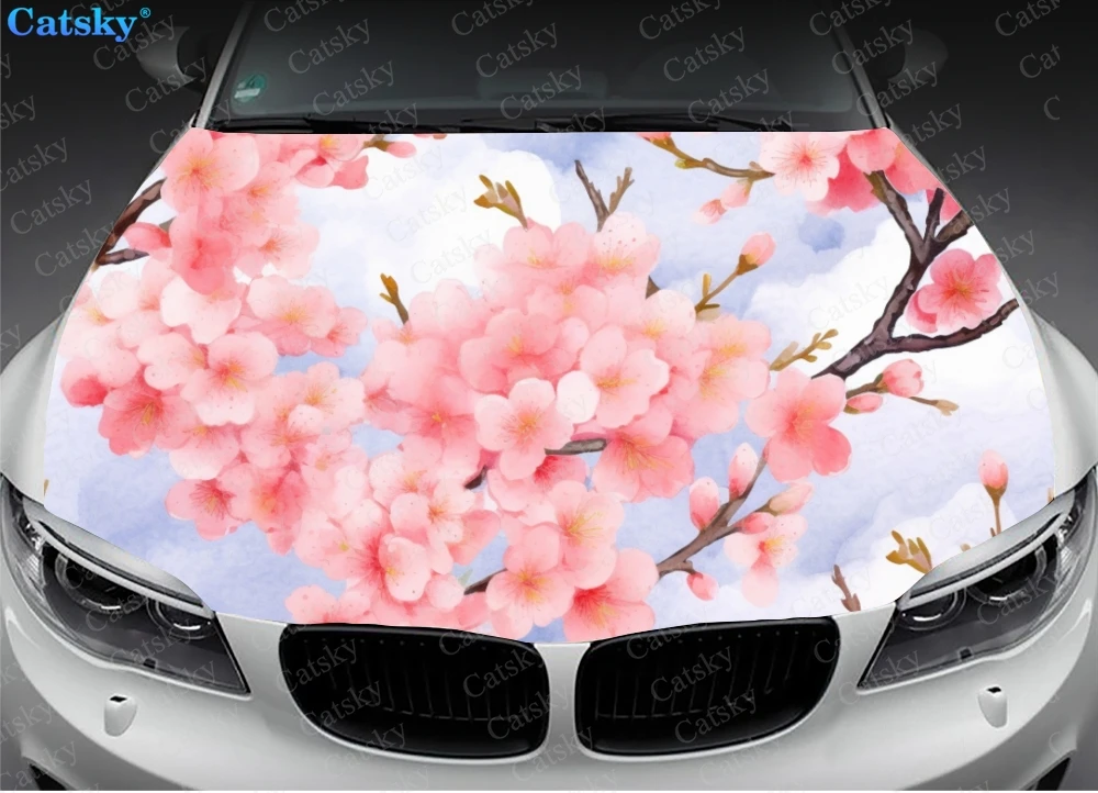 Watercolor Cherry Blossom Branches Car Hood Vinyl Stickers Wrap Vinyl Film Engine Cover Decals Sticker on Car Auto Accessories