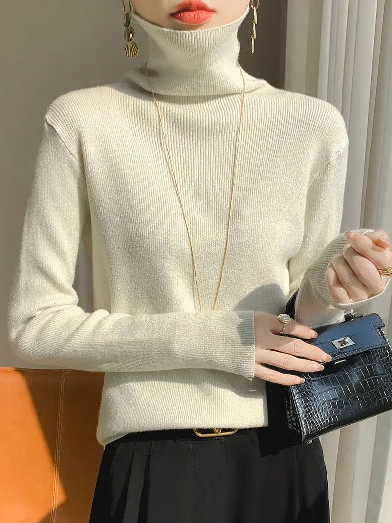 Gold and Silver Silk Base Shirt Women\'s Inner Top Popular High Neck Sweater Pile Neck Knit Sweater