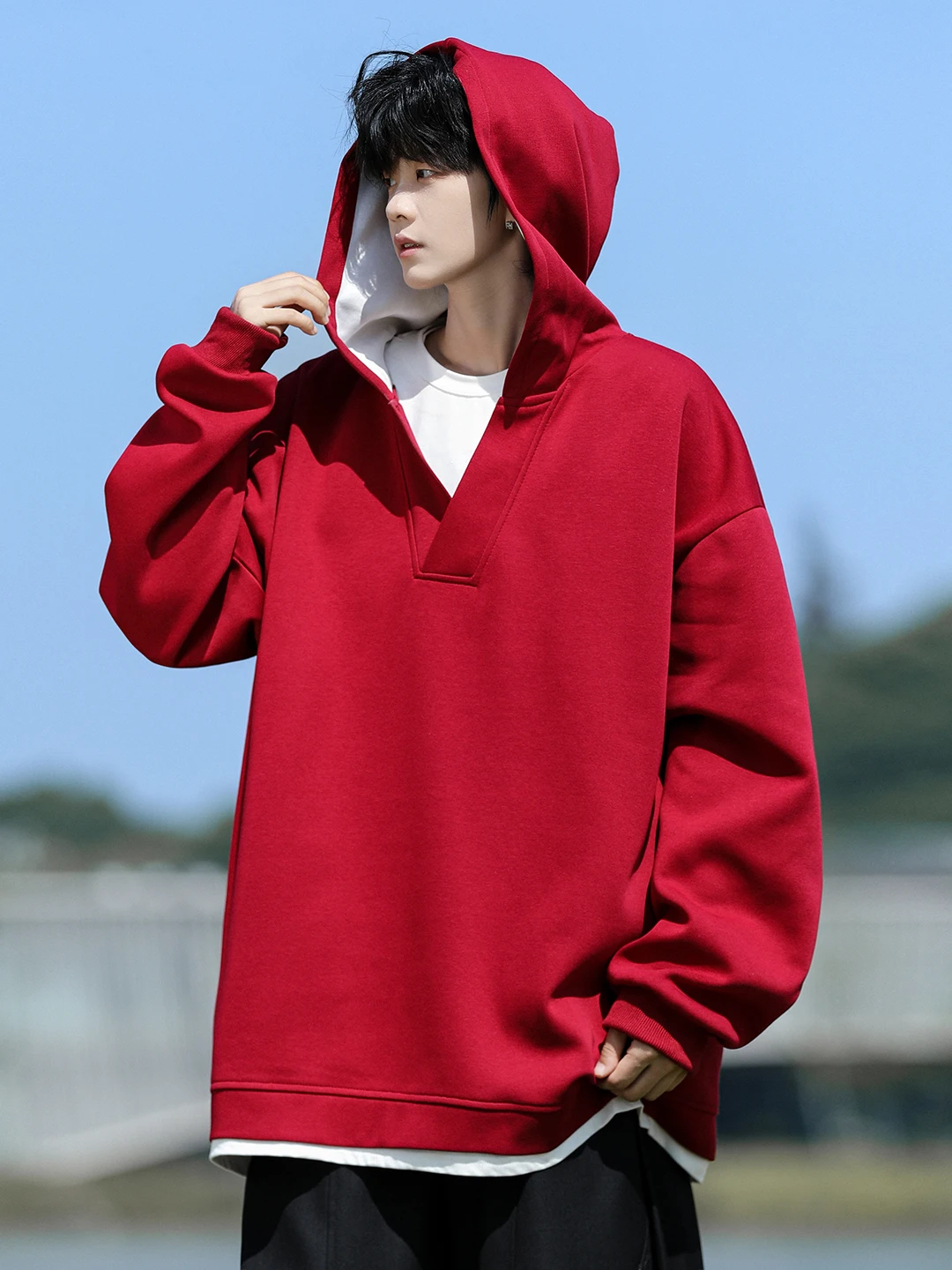 

Мужская свободная толстовка-худи для многослойных образов, весенняя верхняя одежда больших размеров, повседневная, удобная, из смесового хлопка и полиэстера, с длинным рукавом