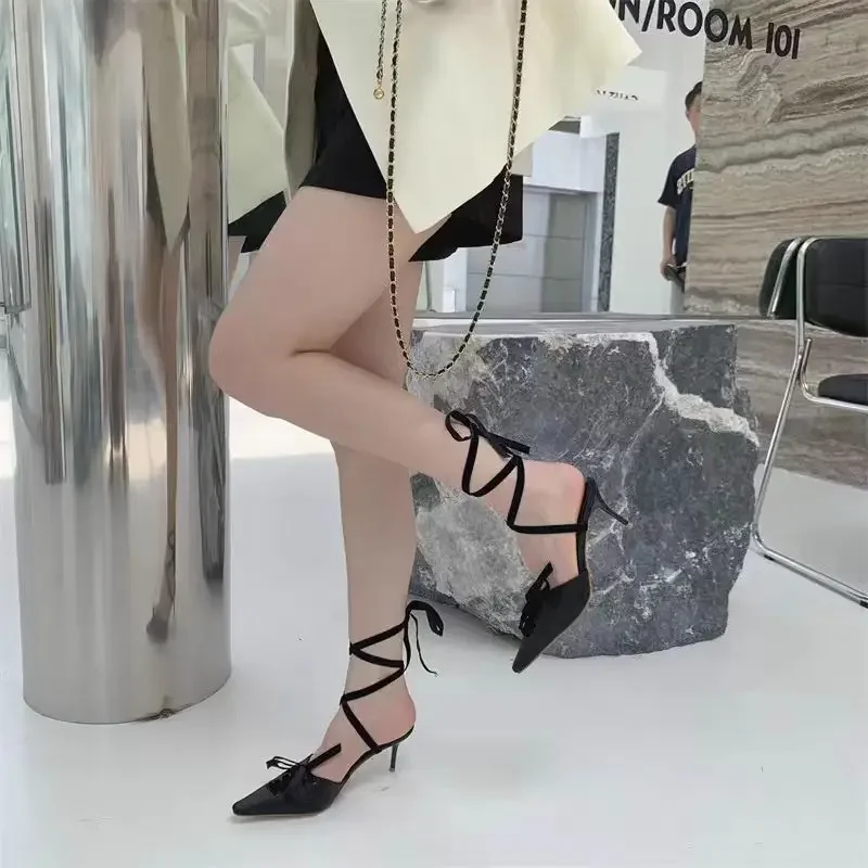 2026 New Kitten Heels Pointed Toe Shoes Ankle Strap Green Satin High-Heeled Sandals Strap Fashion Sexy Catwalk Women's Shoes view 2