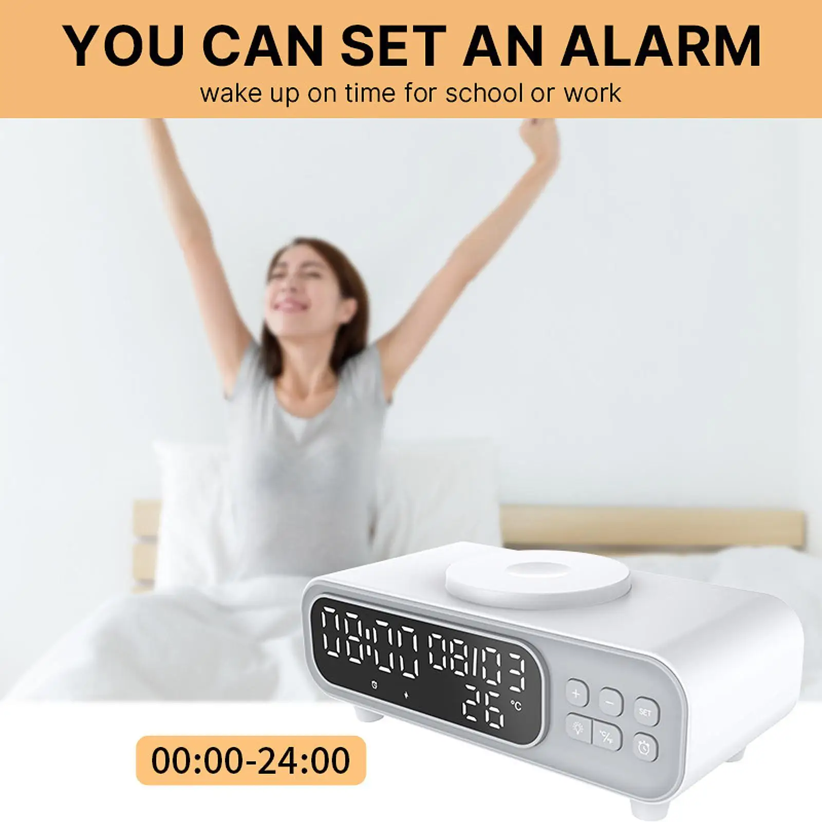 

Cordless Charger 15W Induction Digital Alarm Clock for Phones Watch Bedroom