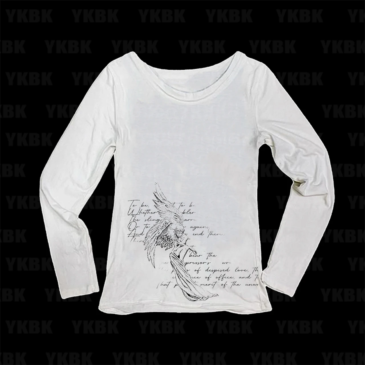 Dark Academia Women Angel Sketch Shakespeare Quote Print Long Sleeve Tee Scoop Neck Slim Y2K Gothic Fitted Top