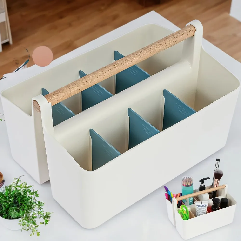 Large Capacity Portable Plastic Desk Organizer with Detachable Divider - Multi-Purpose Office Stationery Box Pen Holder Coin box