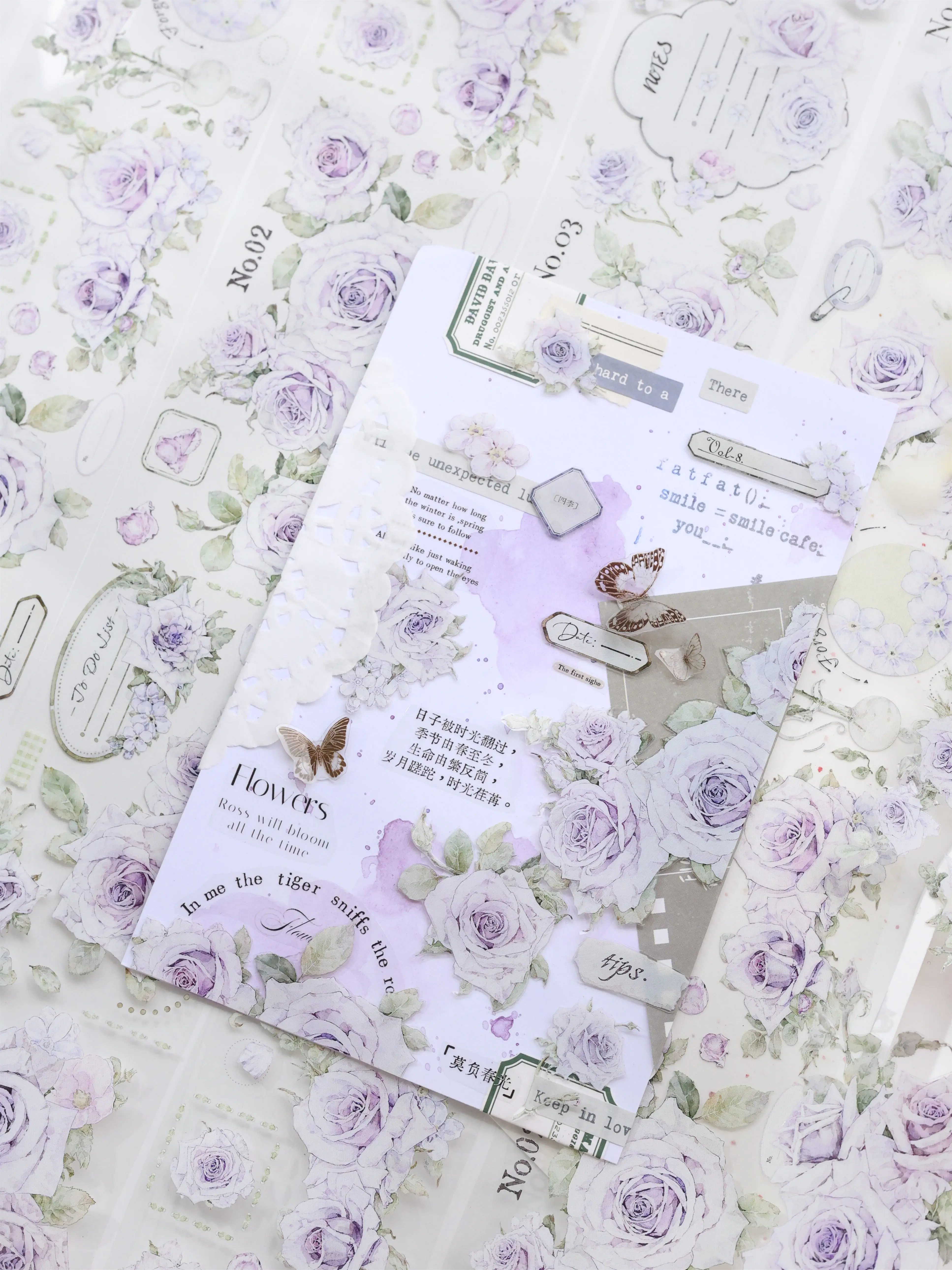 Xiaobai Purple Mist Light Retro Rose Flower Blue Purple Floral Journal Pet Washi Tape