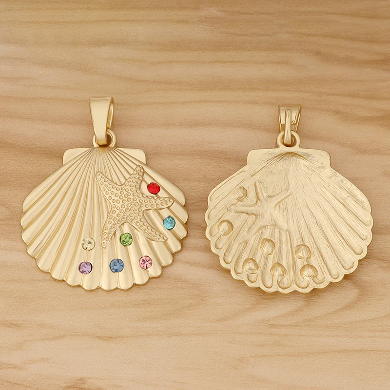 1 Pieces Matte Gold Color Large Seashell Scallop Shell & Starfish Rhinestone Charms Pendants For Necklace Jewellery Making