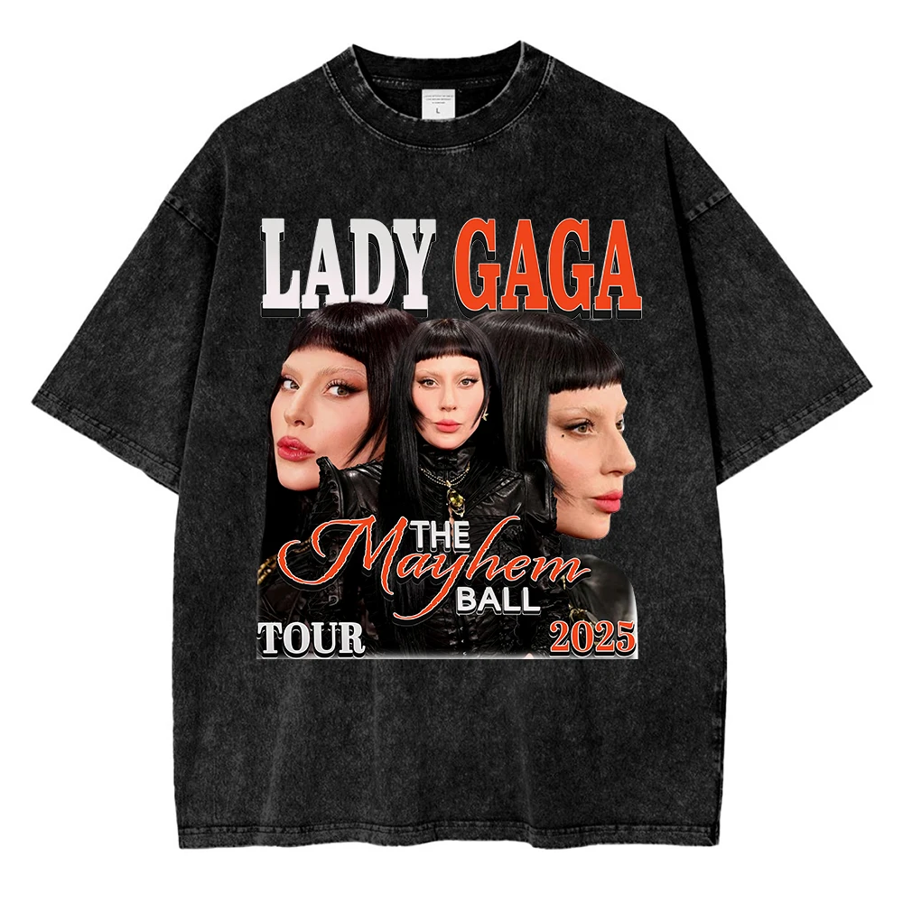 تي شيرت كلاسيكي مغسول من Lady Gaga The Mayhem Ball Tour 2025 تي شيرت أنيق للرجال/النساء جمالي عالي الجودة غسول حمض 100% قطن تي شيرت