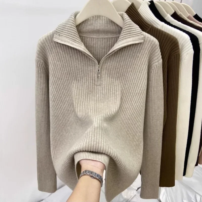 2024 Autumn Winter New Women's Knitted Top Half Zip-Up Polo/Turtle Neck Thickened Sweater Loose-Fit Stylish Versatile Plus Size