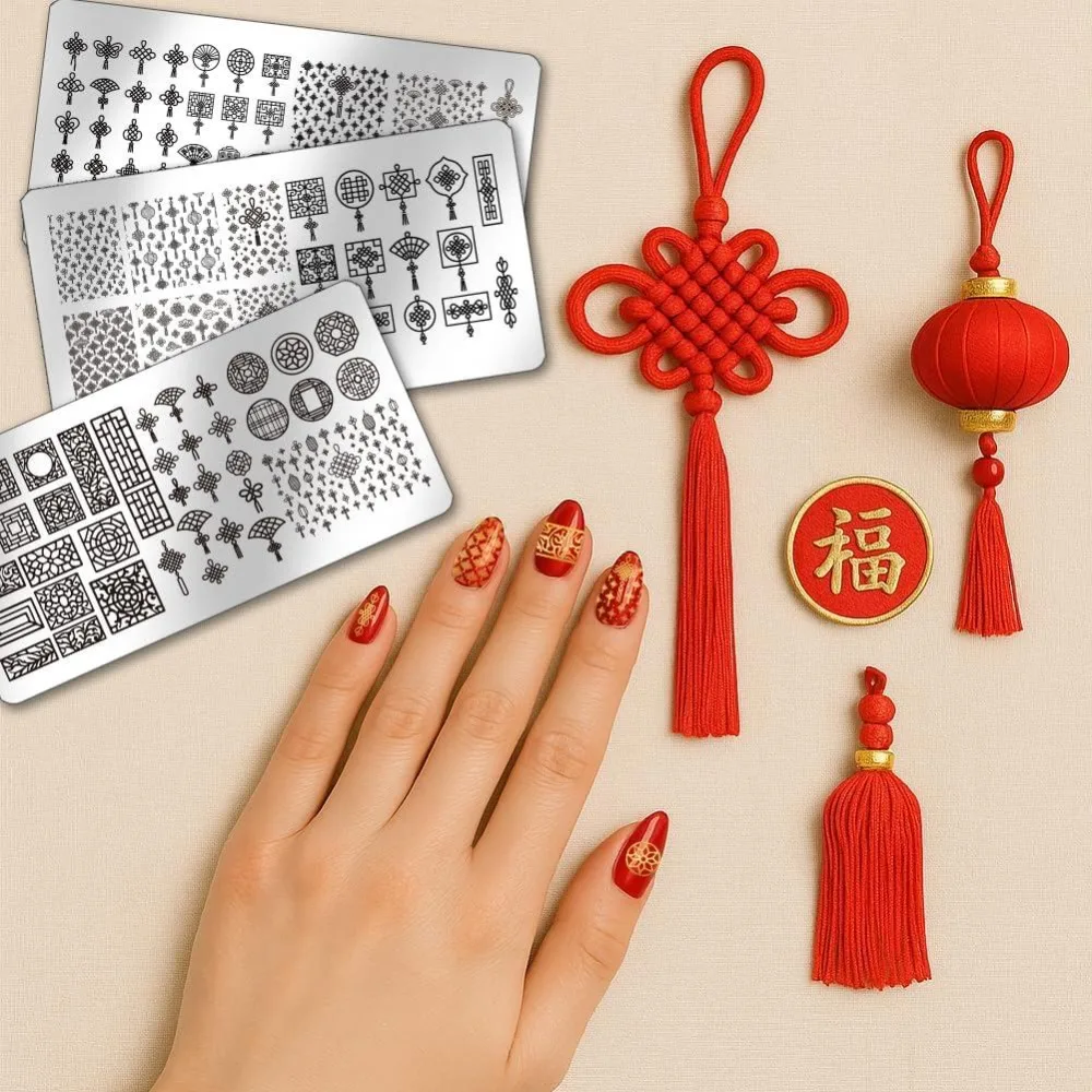 3pcs Chinese Knot Nail Stamp Plate Art Template Set
