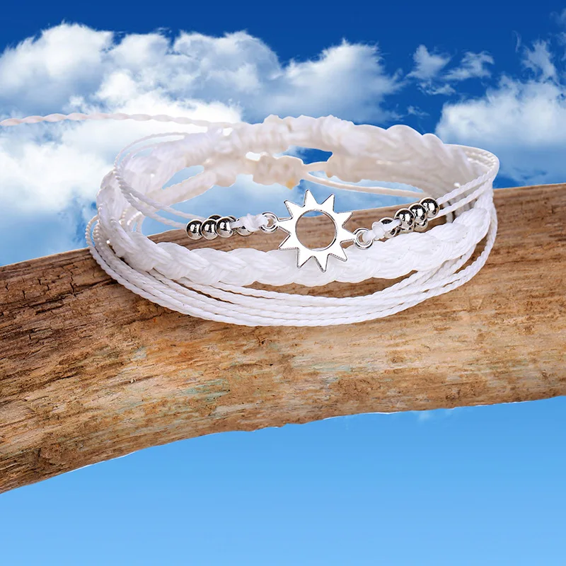 DAVINI 1pc Fashion Multi-Layer Waxed Wire Bracelet Set Bohemian Sun Moon Day Night Combo Waxed Wire Beach Bracelet Jewelry