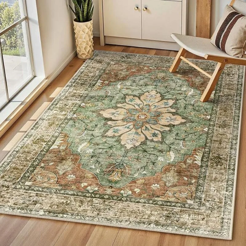 

VIKAMA Bohemian Retro Earthy Rug - Washable Anti-Slip Living Room Carpet for Bedroom Home Decor Floor Mat