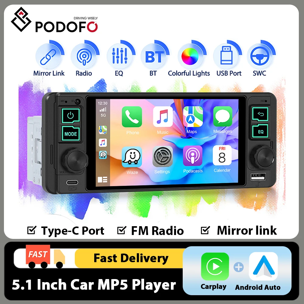 Radio estéreo para coche Podofo 1 Din, reproductor multimedia MP5 de 5.1 pulgadas, Carplay inalámbrico, compatible con Android Auto, BT/USB/AUX/EQ, cámara trasera