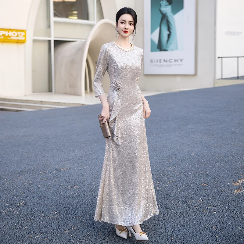 Shiny Sequin Mother Of The Bride Dresses With Sleeves Elegant Modest Round Neck Mermaid Women Dresses For Wedding Party