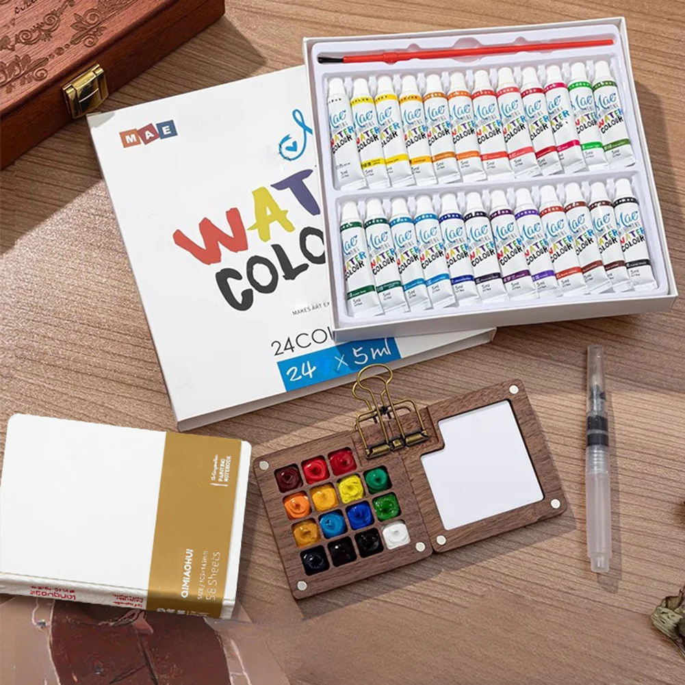 Multi Colors Wooden Grid Paint Box Pocket Artist Travel Paint Palette Mini Watercolor Paint Set for Painters Artists Students