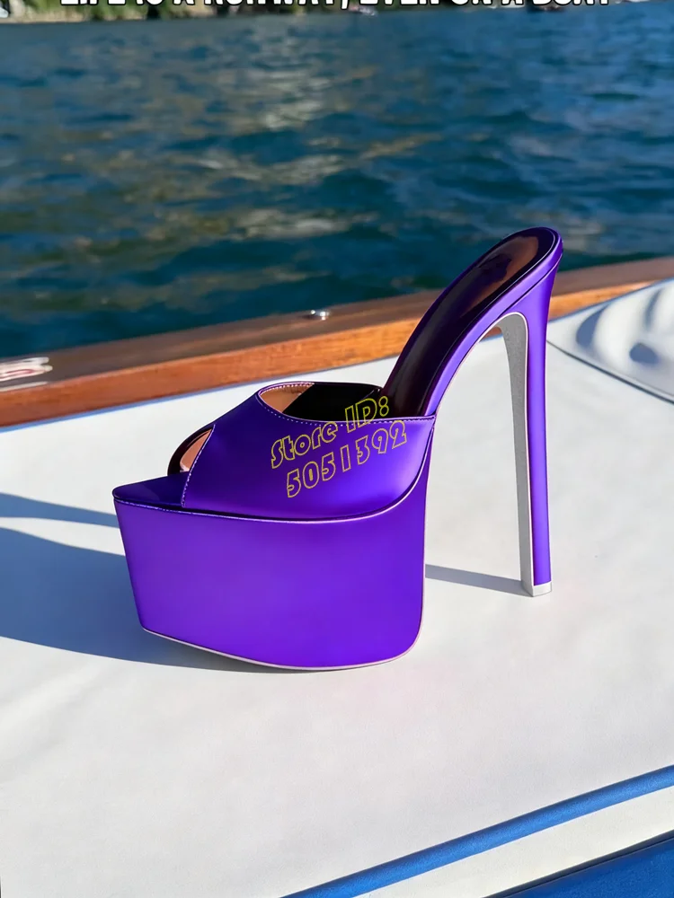 

Тапочки на платформе с открытым носком, атласные слипоны для подиума, лето 2022, женские модельные туфли, однотонные оранжево-фиолетовые туфли на тонком высоком каблуке-шпильке