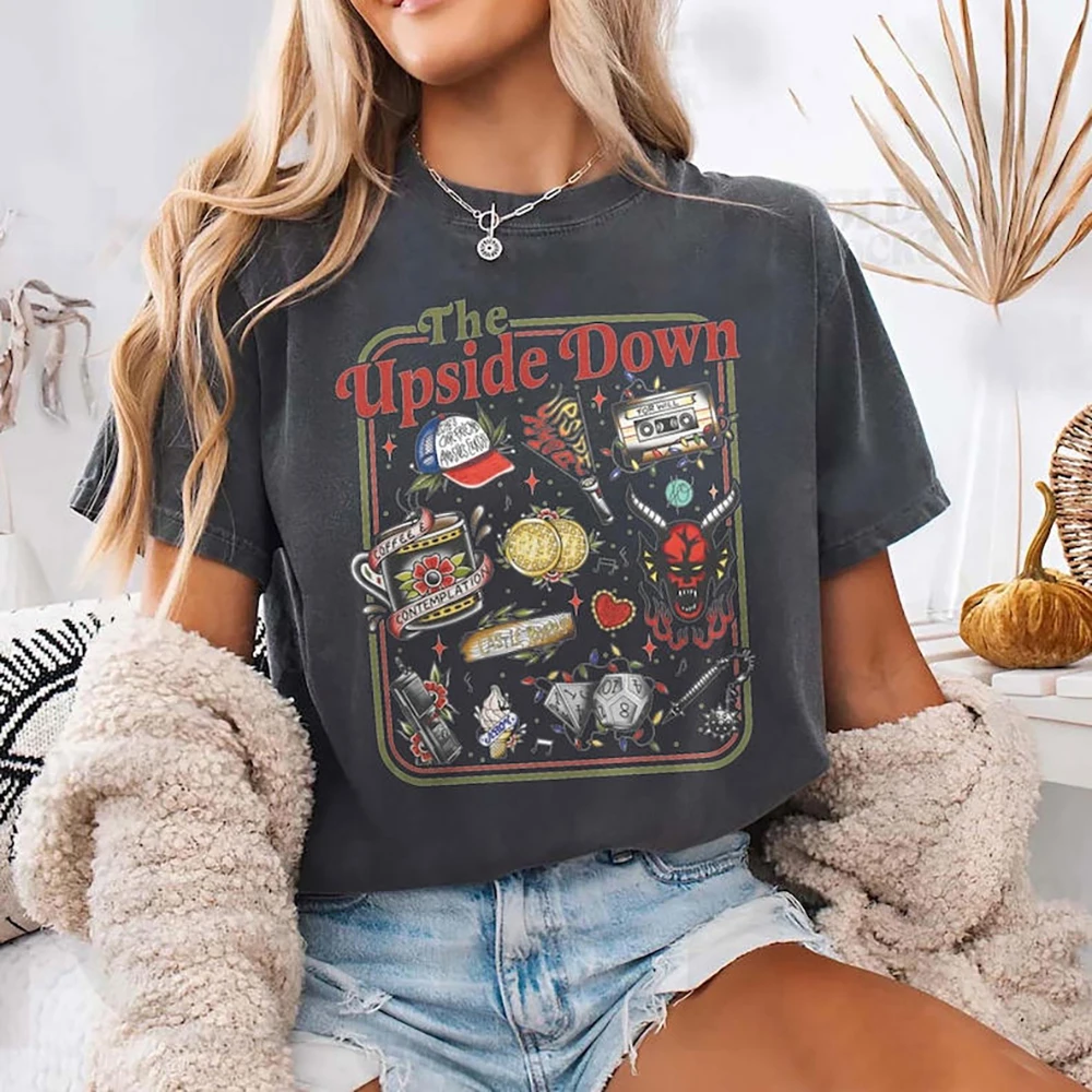 The Upside Down T-shirt Funny Women Men Hawkins Clipart Graphic Tee Stranger ST5 Inspired Demogorgon Shirts Trendy Gothic Tops