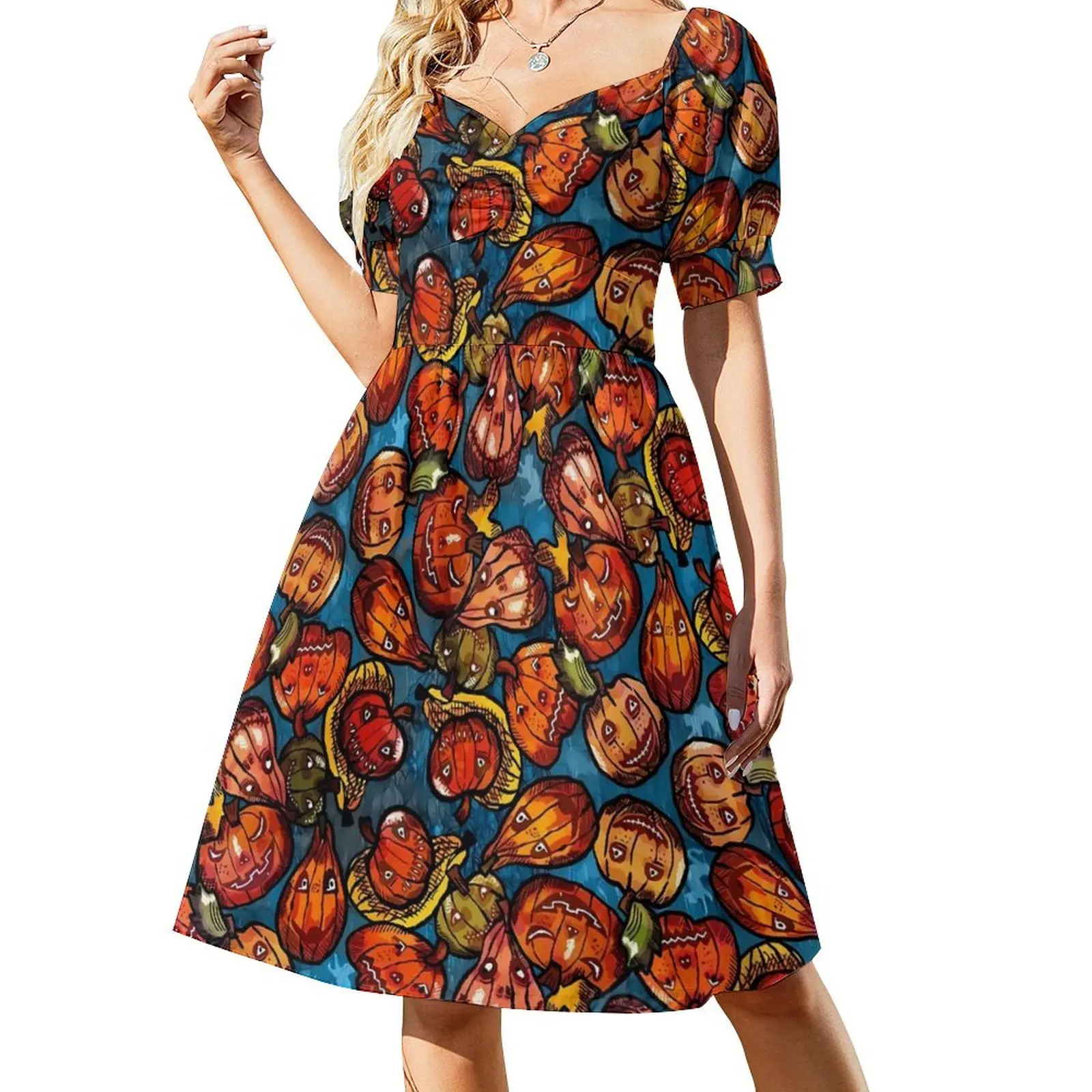 Pumpkins And Ghost Dress Halloween Print Elegant Dresses Women Short Sleeve Stylish Casual Dress V Neck Oversized Vestidos