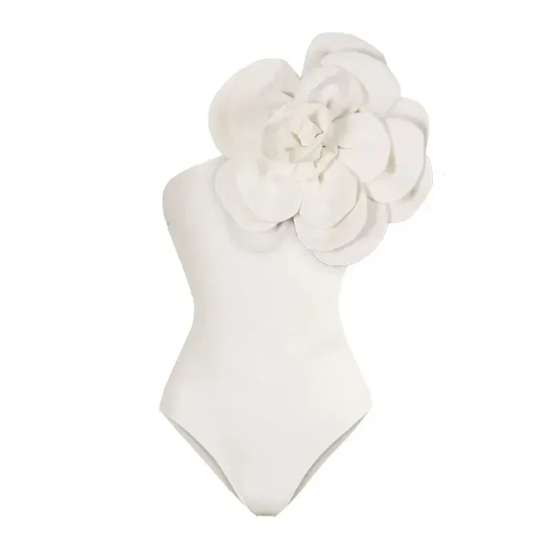 FLAXMAKER Flor 3D de um ombro com estampa de flores pretas e brancas maiô de uma peça atacado